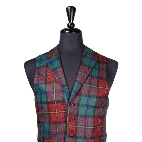 Mens Vest 40R Wool Tartan Plaid Green Red Waistcoat Formal Wedding Groom Party - Picture 4 of 9